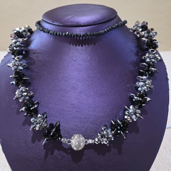 Vintage Black Silver Crystal Bead 3 Piece Convertible Statement Runway Necklace - Picture 10 of 17